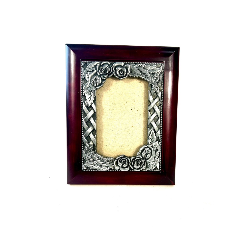 Vintage Cherry Wood and Pewter Rose Lattice 5x7 Photo Frame Tabletop Decor